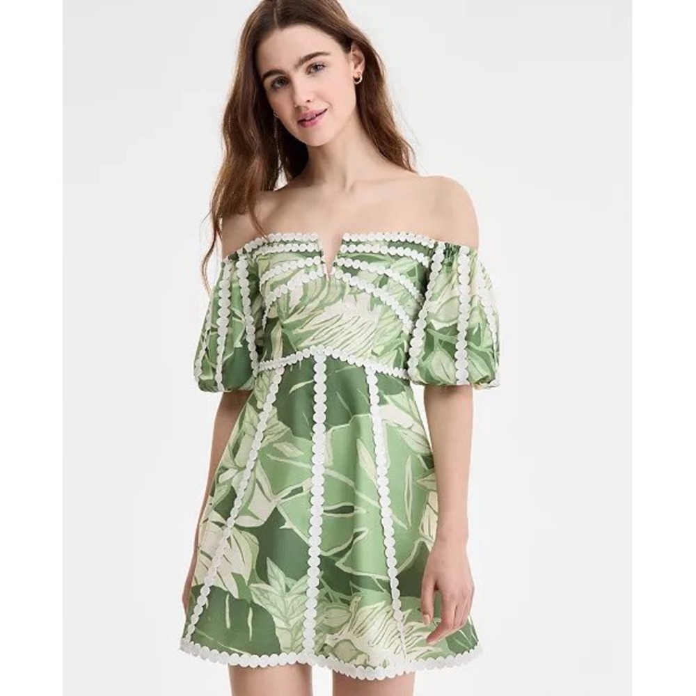 Rachel Rachel Roy Green Tropical Palm Off Shoulder Mini Dress Scallop Trim Size6